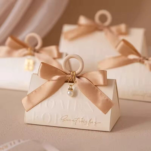 20/50Pcs Triangular Pillar Champagne Wedding Gift Box Candy Packaging Wooden Ring Bag for Baby Shower Baby Ceremony Party Favors