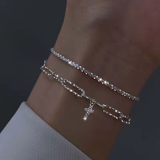 2025 New Arrival Silver Color Cross Sparkling Bracelet For Women Exquisite Shiny Zircon Adjustable Bracelet Jewelry Wedding Gift